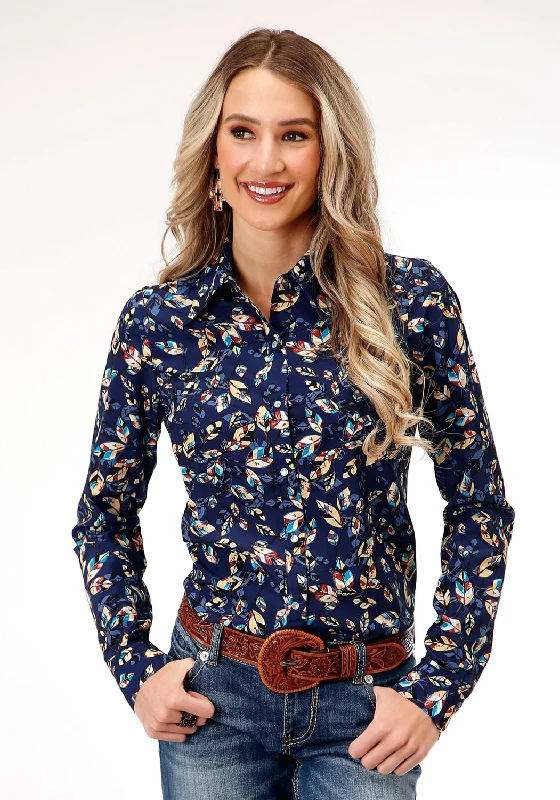 Classic And Versatile Roper Womens Feather Foliage Blue Polyester L/S Shirt
