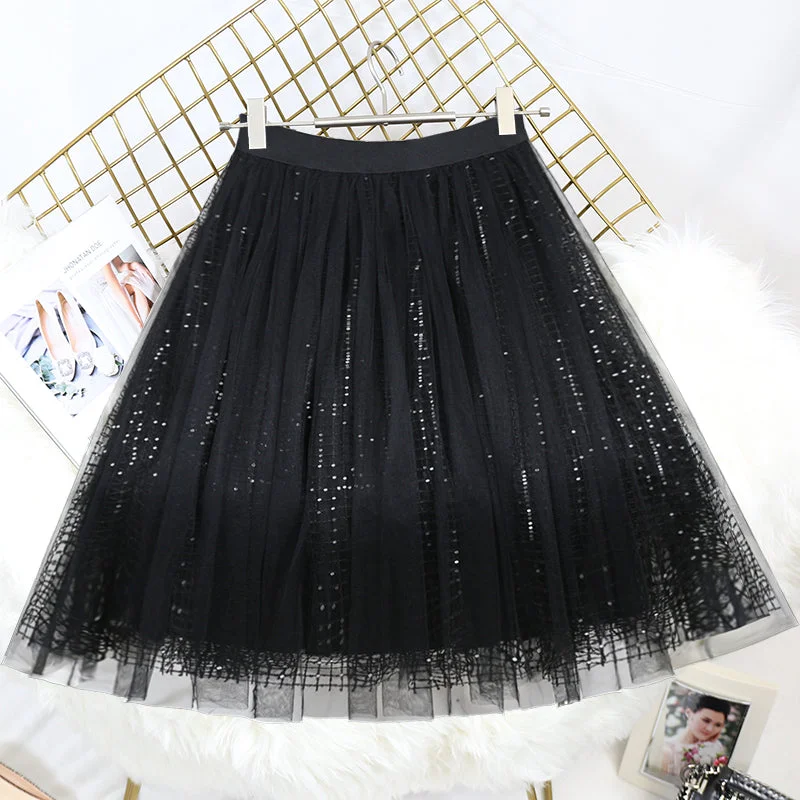 New Season Series Diy Black Sequins Hollow Out tulle Pleated Skirt Summer