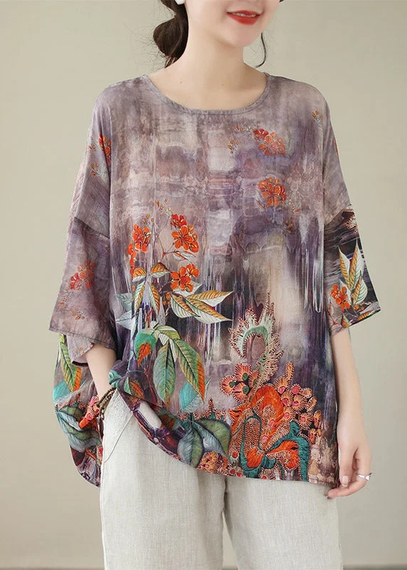 Boutique Recommendation Boho Light Purple O-Neck Print Linen Top Long Sleeve