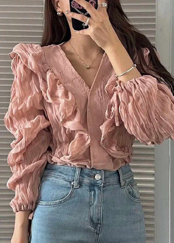 Classic Retro Women Pink V Neck Ruffled Patchwork Chiffon Blouses Spring