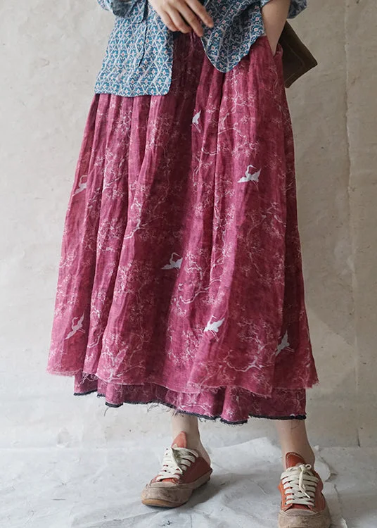 Elegant Design French Red elastic waist drawstring pocket print Linen Skirts Spring
