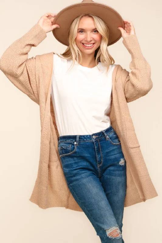 Simple Matching Haptics Stripe Textured Open Front Cardigan with Pockets