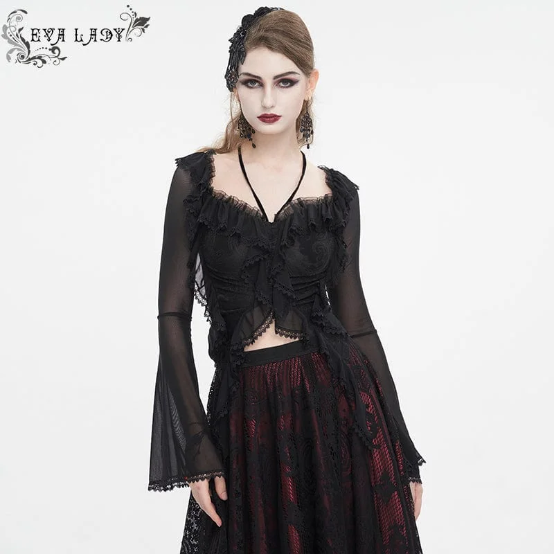 Elegant Design Women's Gothic Lace-up Ruffled Mesh Shirt