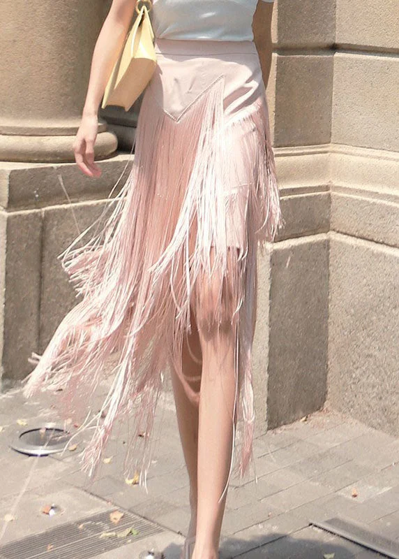 Lazy Home Vintage Pink Zip Up Tassel Patchwork Skirt Spring