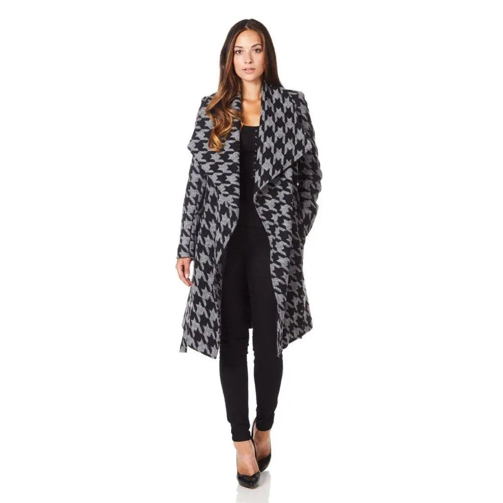 Embroidered Letters De La Creme - Womens Dogtooth Grey Duster Coat