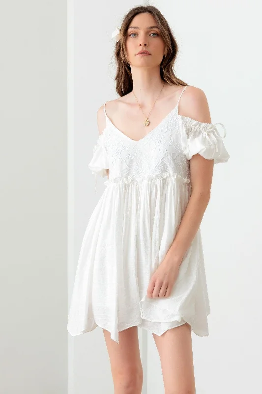 Printed Patterns Embroidered Floral Shirred Cold Shoulder Mini Dress