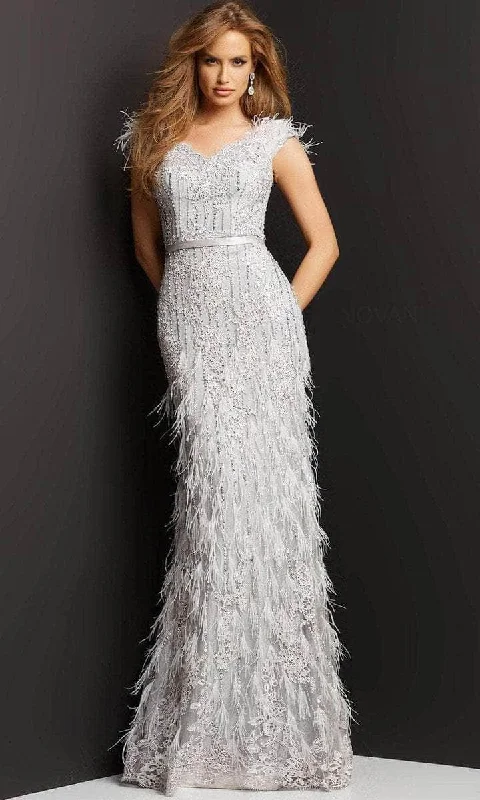Modern Tailoring Jovani - Cap Sleeve Feathered Long Dress 03108SC