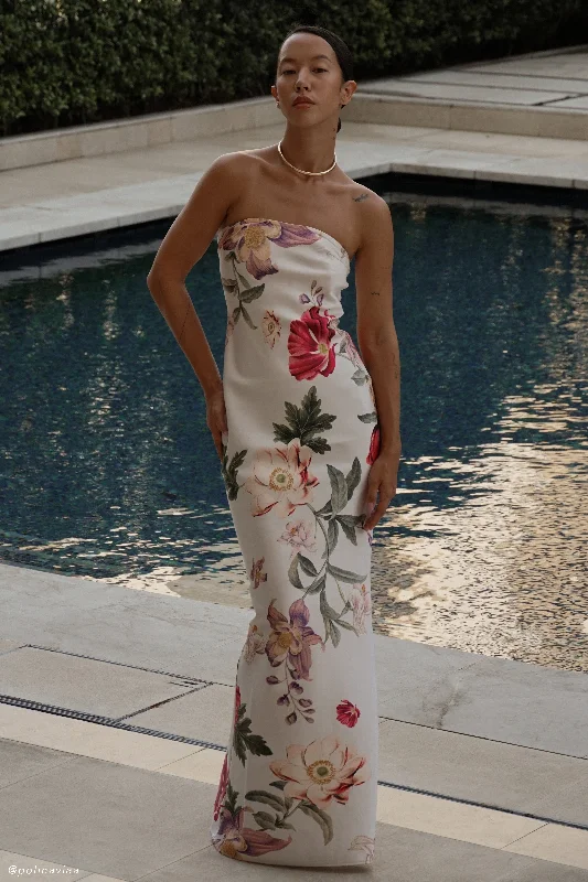Elegant Temperament Claudette Strapless Satin Maxi Dress - Bella Rosa Print