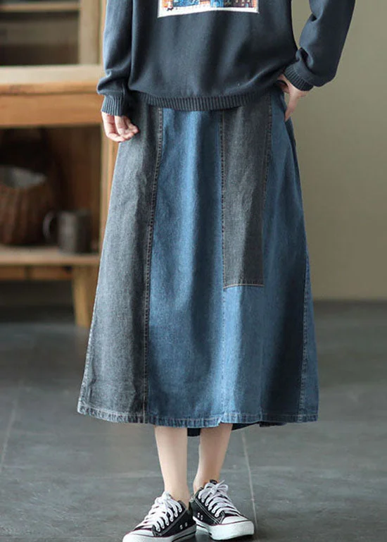 Fashion Design Vintage Light Blue pocket Patchwork A Line Skirt Spring