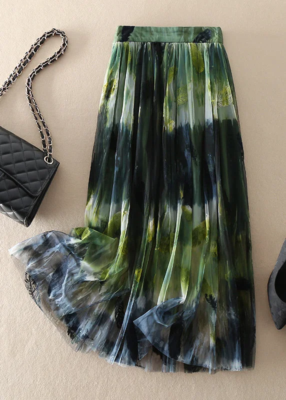 High Street Design Women Green high waist Print Tulle Skirt Spring