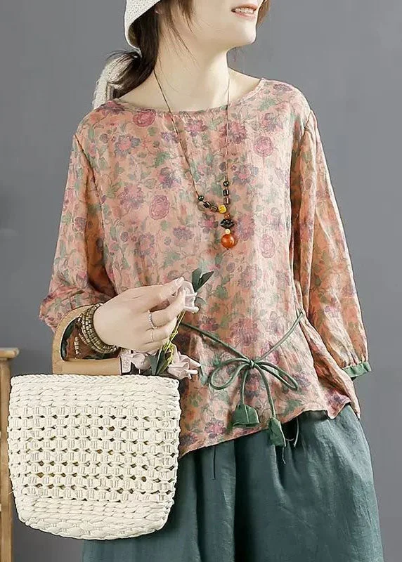 Minimal Style Pink Print Patchwork Linen Top O Neck Lace Up Summer