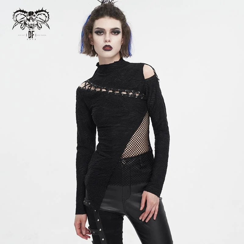 Retro Prints Women's Gothic Strappy Cutout Mesh Splice Shirt