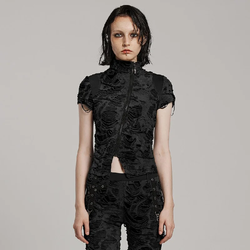 Elegant Temperament Women's Punk Ripped Distressed Short Sleeved Shirt Black
