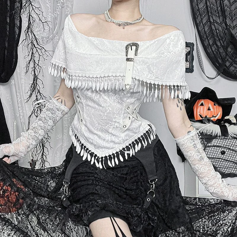 Romantic Data Women's Gothic Tassels Short Sleeved Shirt White