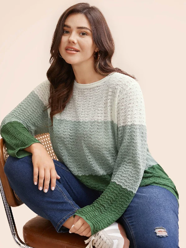 High Street Style Colorblock Contrast Boat Neck Knit Pullover