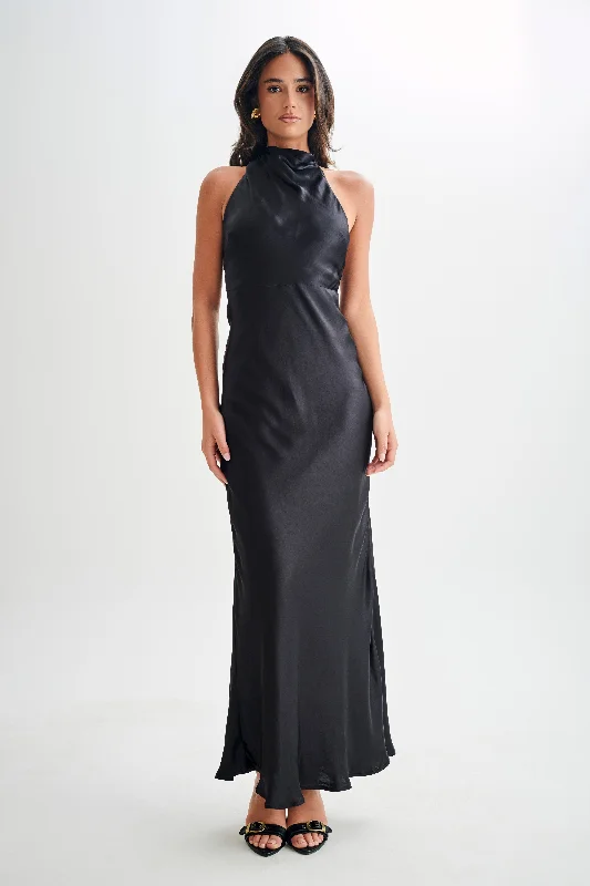 Classic Color Esther Iridescent Satin Cowl Maxi Dress - Black