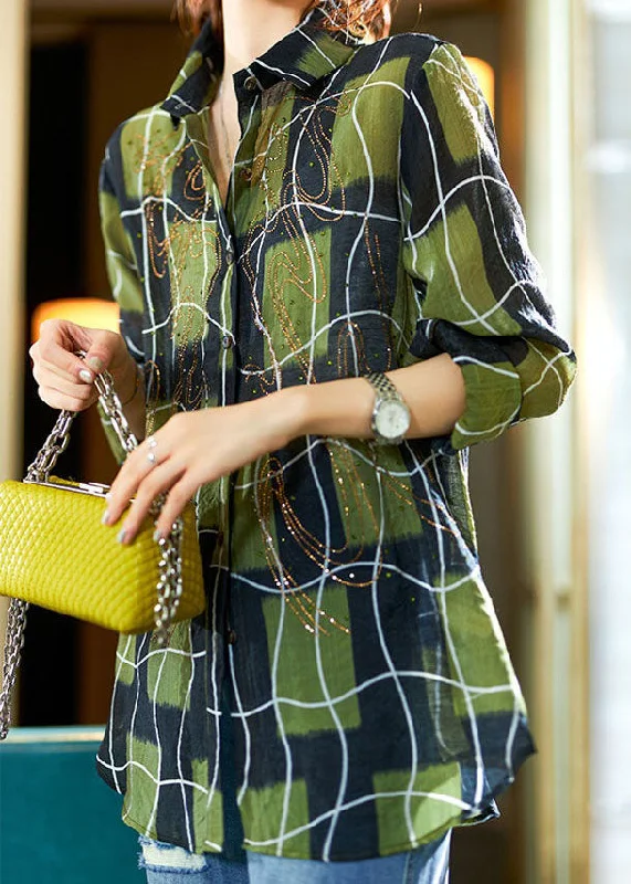 Personalized Series Women Green Plaid Zircon Patchwork Cotton Blouses Spring