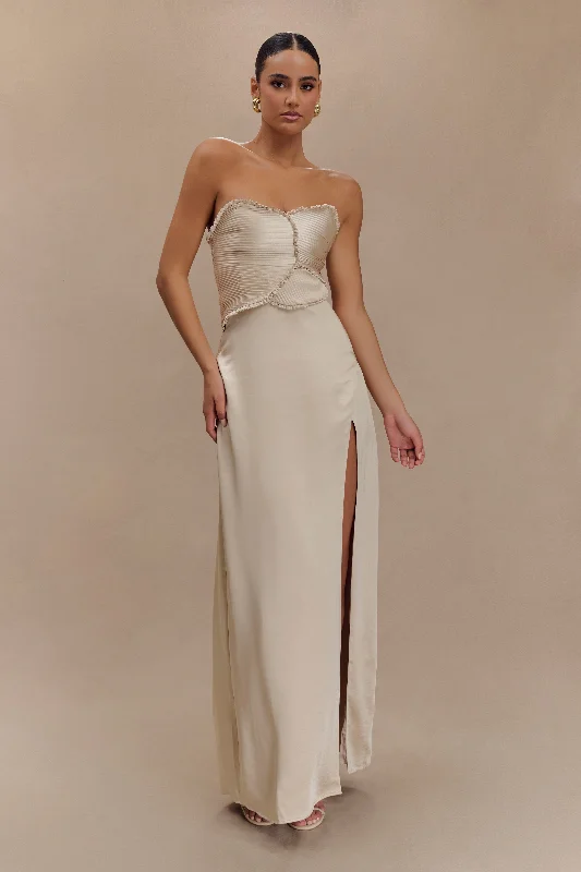 Bright Colors Larissa Satin Maxi Dress With Ruched Petals - Champagne