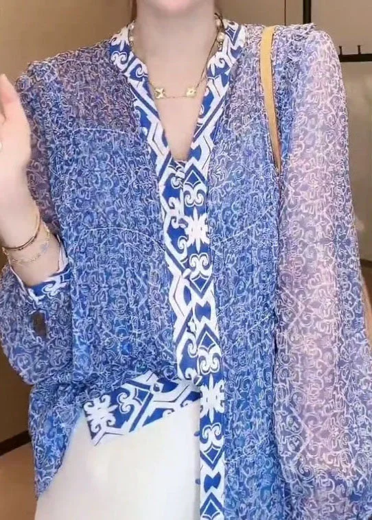 Celebrity Must-have French Purple V Neck Print Patchwork Chiffon Shirts Summer