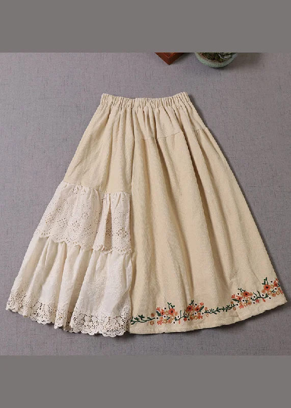 Fresh And Fashionable Organic Apricot Embroideried Patchwork Corduroy Skirt Winter