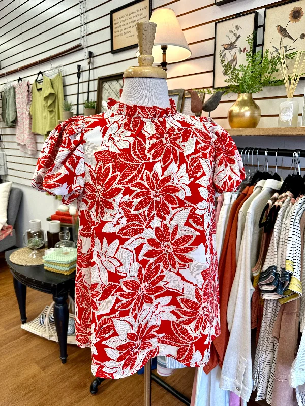 Simple Matching Red and Taupe Floral Print Top | Boutique Elise | Raya