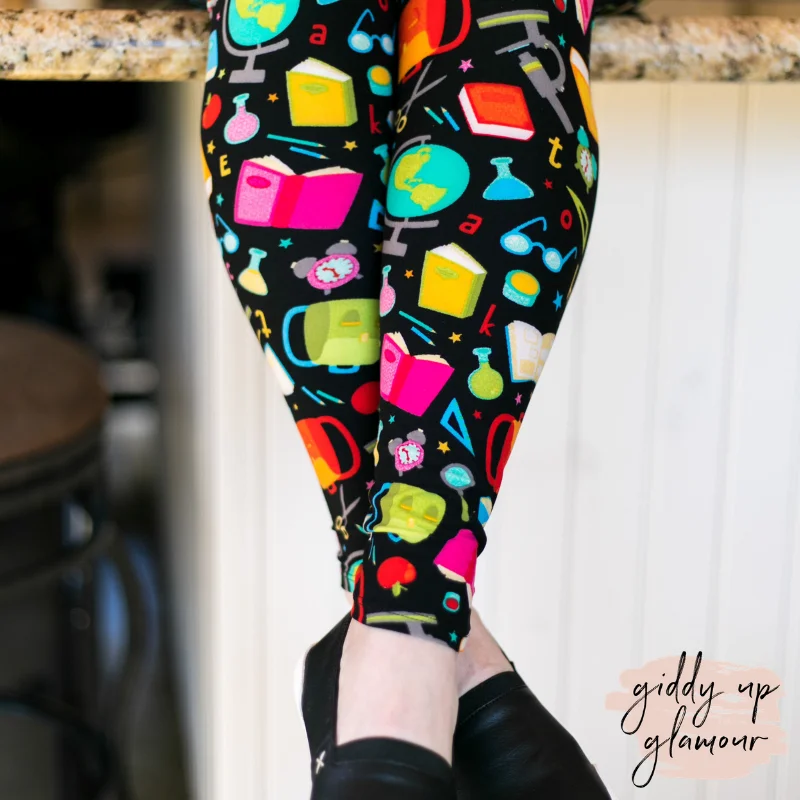 European And American Style School House Cutie Print Leggings in Black