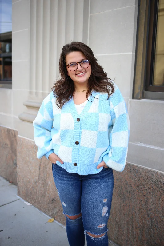 Short Design Baby Blue Check Cardigan | Boutique Elise | Leigh