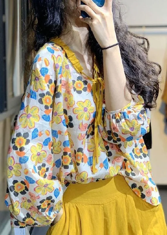 Fashion Design Bohemian Yellow V Neck Print Lace Up Linen Shirt Tops Spring