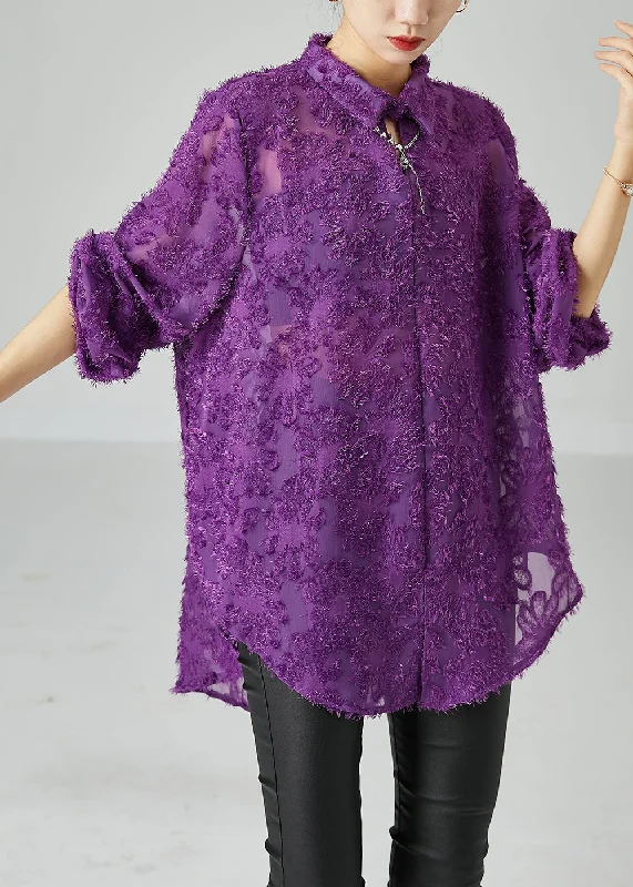 High-quality Styles Bohemian Purple Oversized Fluffy Lace Blouse Top Summer