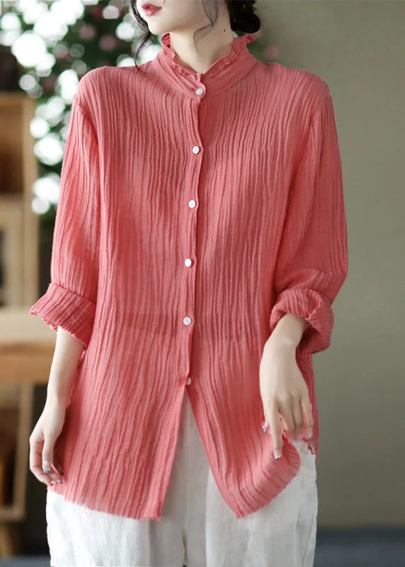 Comfortable Series Beautiful Pink Stand Collar Wrinkled Button Linen Shirt Long Sleeve Comfortable Series Beautiful Pink Stand Collar Wrinkled Button Linen Shirt Long Sleeve