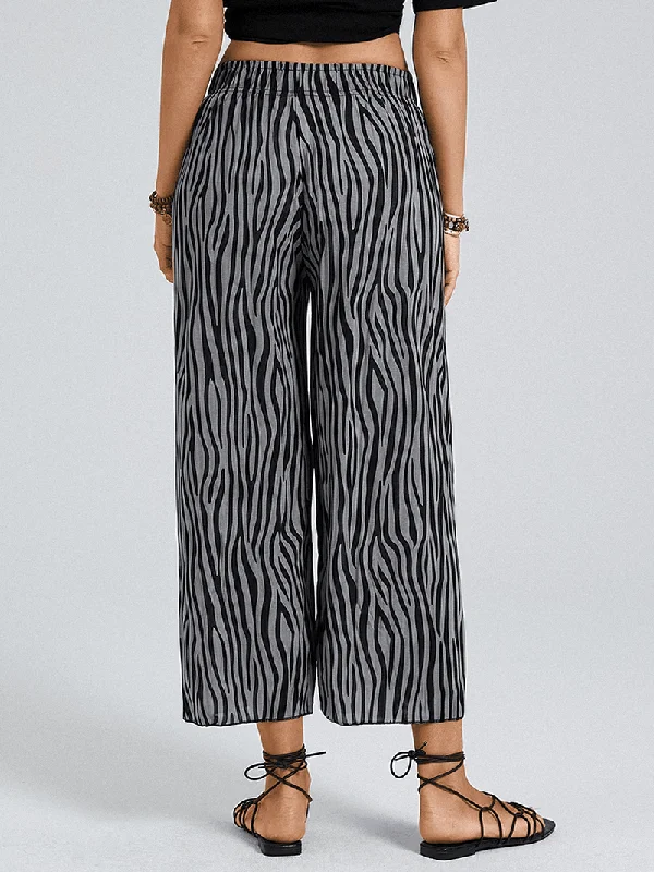 Exquisite Embroidery Zebra Print Elastic Waist Wide Leg Lounge Pants for Women