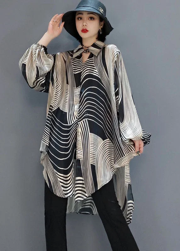 Fashion Style Chic low high design Striped Chiffon Shirt Blouse