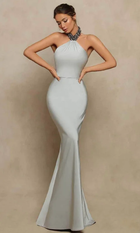 Classic Style Tarik Ediz - Beaded High Halter Fitted Prom Dress 98017