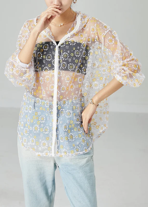 Elegant Design White Hollow Out Tulle UPF 50+ Coat Jacket Hooded Print Summer