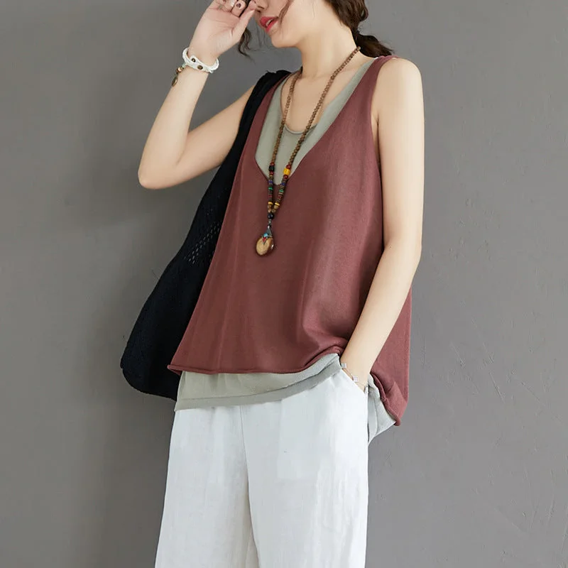 European Plan Casual Summer Fake Two Pieces Linen Women Vest Tops