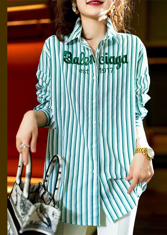 Embroidery Design Bohemian Green Striped Graphic Patchwork Cotton Shirts Spring