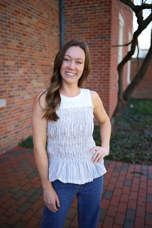 Floral Prints Neutral Smocked Detail Sleeveless Tank Top | Boutique Elise | Rylee