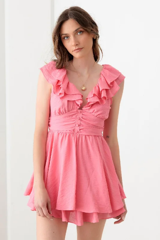 Elegant And Charming Doll Pink Ruffle Detail Front Button Romper Mini Dress