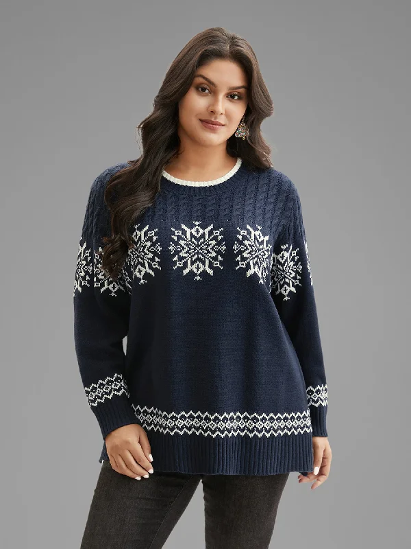 Casual And Comfortable Snowflakes Pattern Contrast Round Neck Pullover
