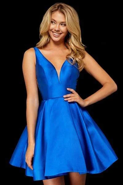 European Plan Sherri Hill - Illusion Deep V Bodice Satin Short A-Line Dress 52179 - 1 pc Royal In Size 6 Available European Plan Sherri Hill - Illusion Deep V Bodice Satin Short A-Line Dress 52179 - 1 pc Royal In Size 6 Available