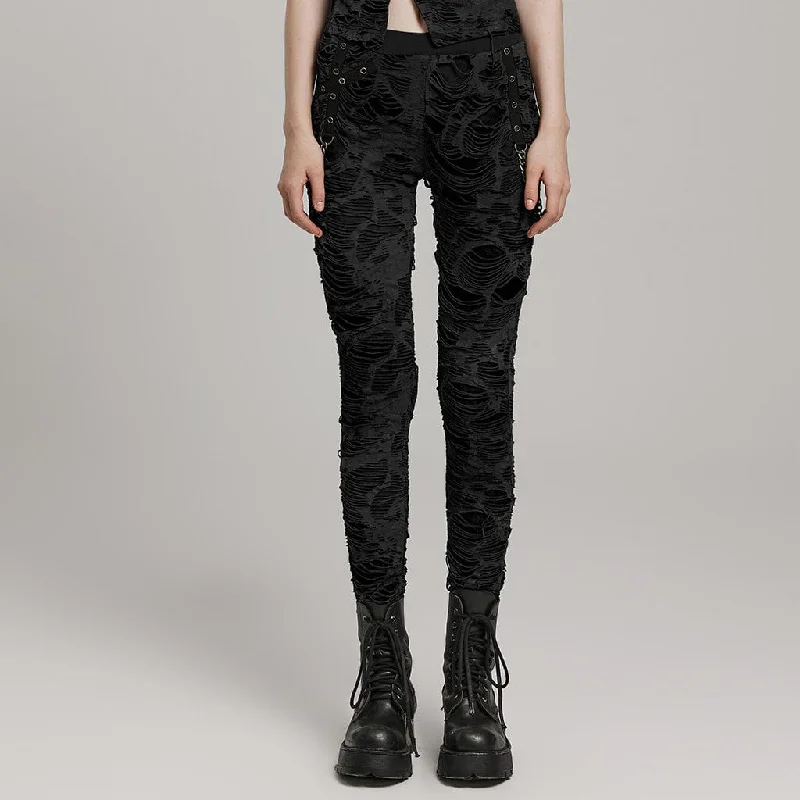 Personalized Clothing Women's Punk Ripped Eyelet Chain Leggings