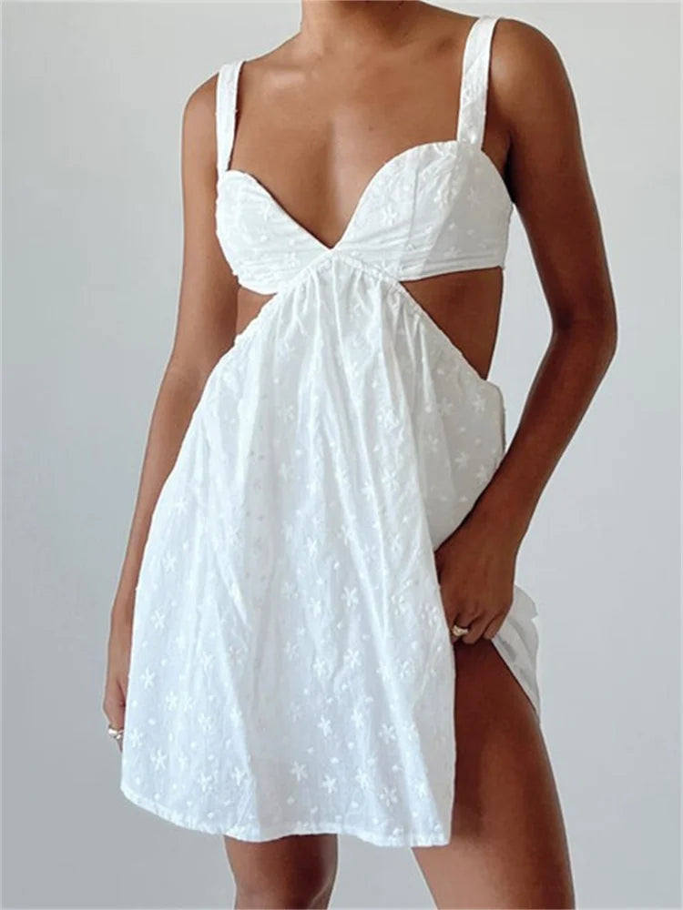 Fresh And Fashionable V-Neck Sleeveless Backless Hollow Out Lace Mini Dresses