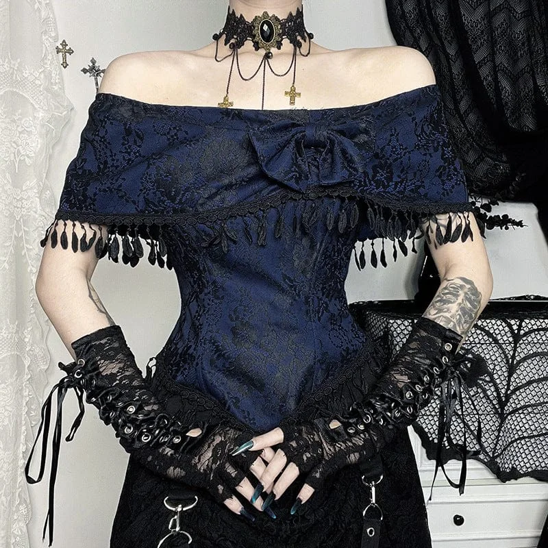 Floral Prints Women's Gothic Tassels Lace off Shoulder Short Sleeved Shirt