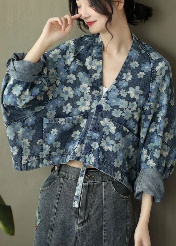 Spiritual Vitality Italian Blue Print Denim Long sleeve V Neck Top