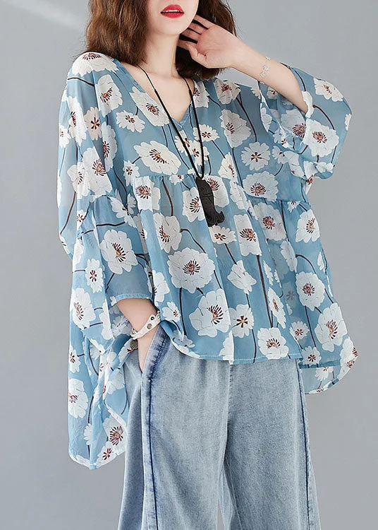 Fashionable Prints French Blue V Neck Print Patchwork Fall Half Sleeve Top