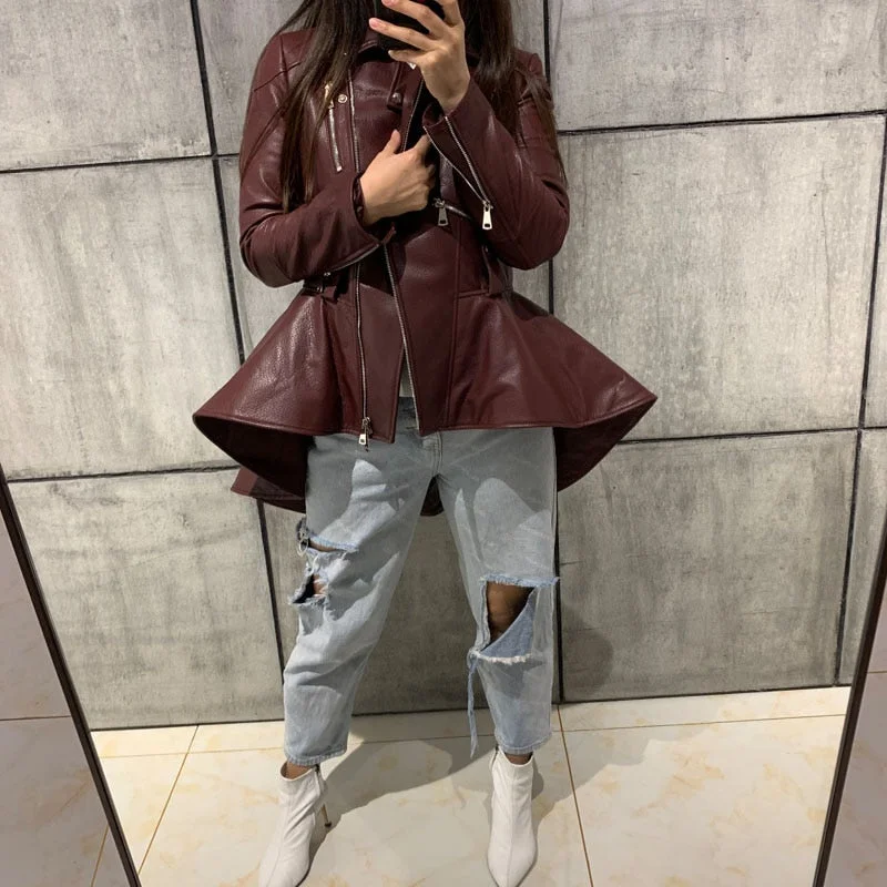 Comfortable And Casual Genuine Leather Peplum Moto Jackets