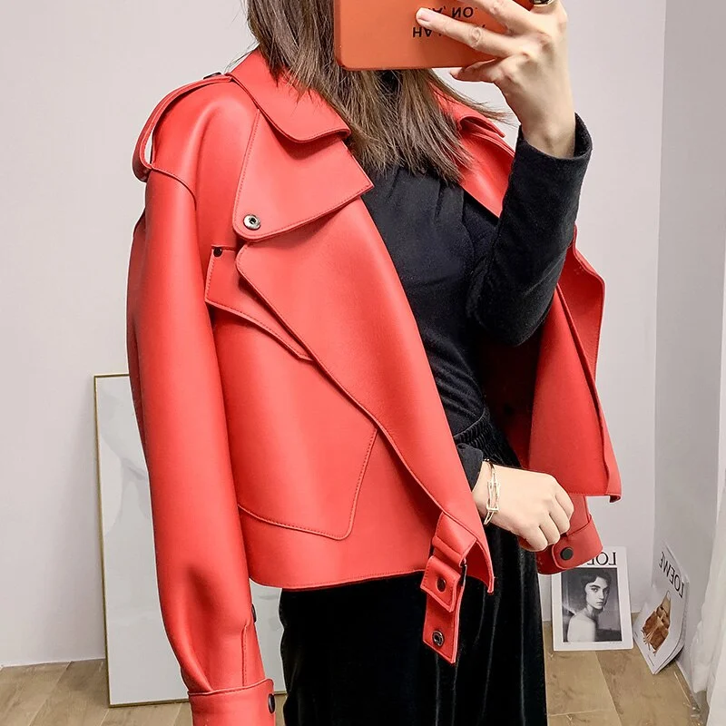 Bright Colors Genuine Leather Turn Down Collar Moto Jackets