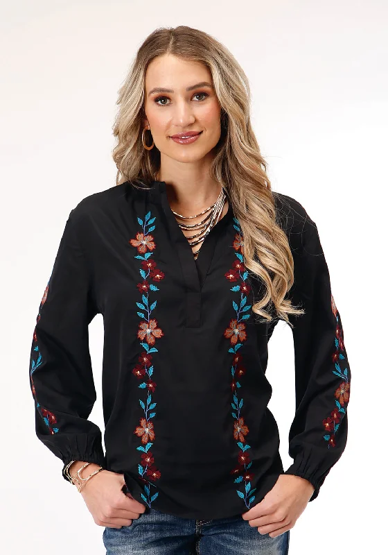 Celebrity Must-have Roper Womens Split-V Floral Black Polyester L/S Blouse
