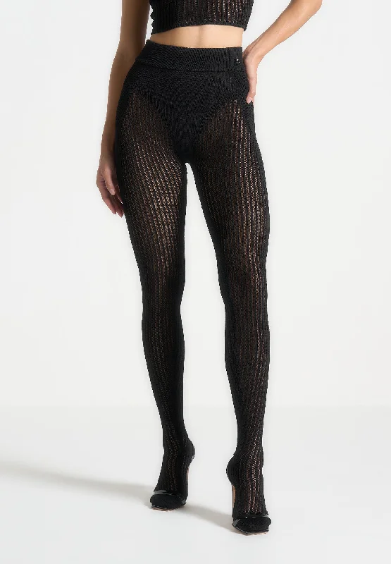 French Style Knitted Contour Footsie Leggings - Black