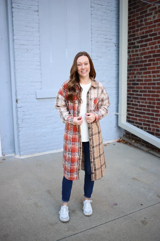 Celebrity Style Rust Mixed Flannel Long Shacket | Boutique Elise | Raya